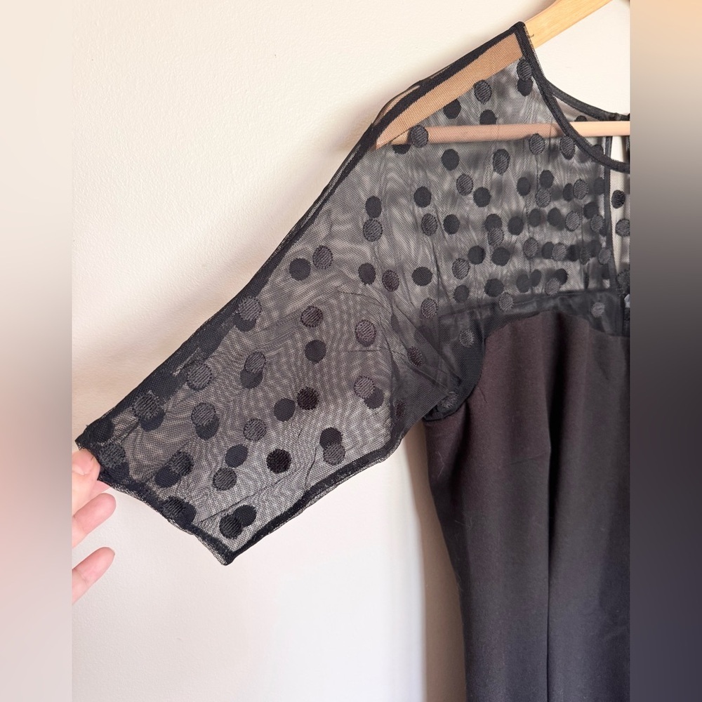 Tahari Arthur S Levine Black Dress Size 8 Sheer Polka Dot Mesh Yoke Sleeve NWT - Picture 4 of 7